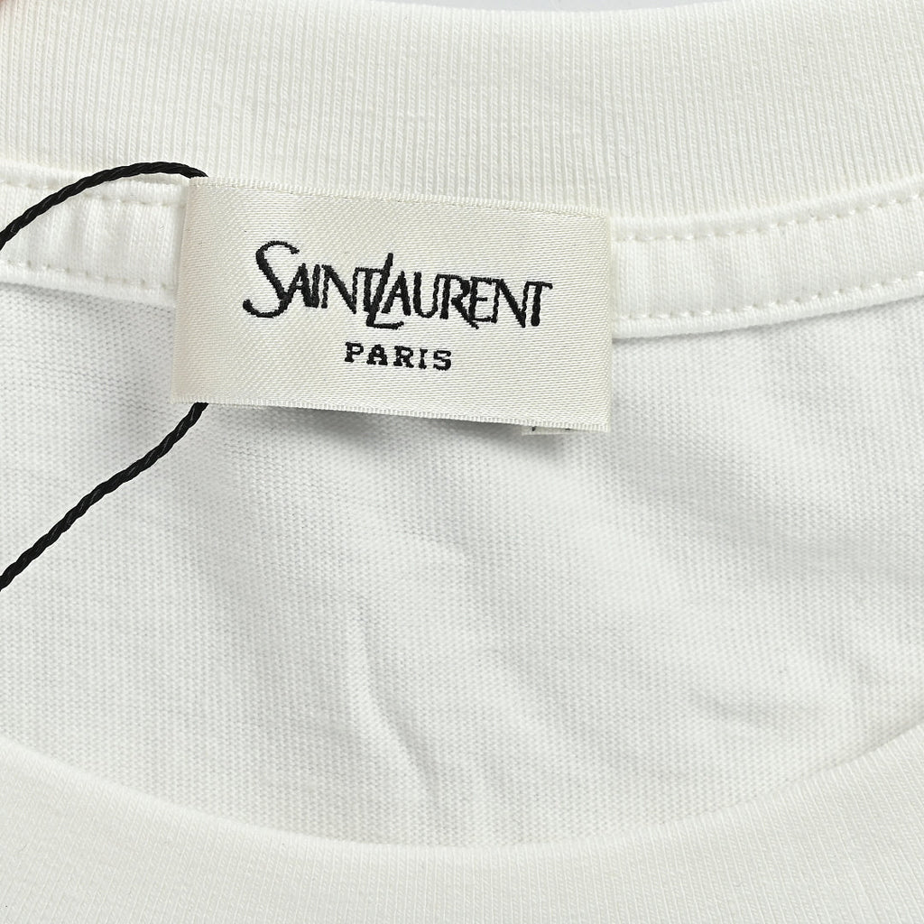 SAINT LAURENT White Crew-Neck T-Shirt with Hem Label
