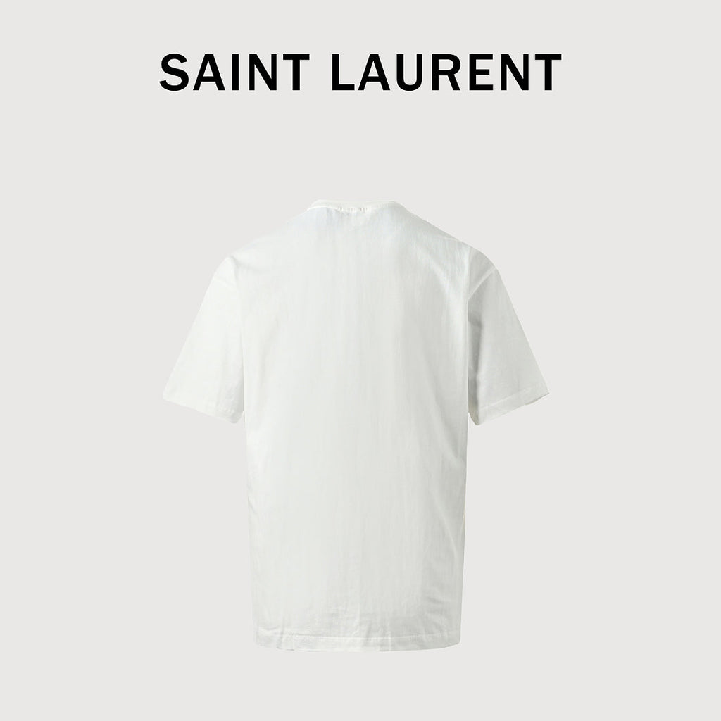 SAINT LAURENT White Crew-Neck T-Shirt with Hem Label
