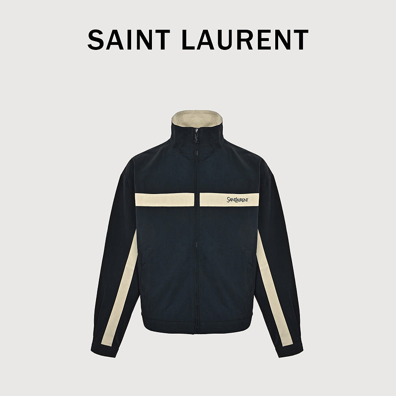 SAINT LAURENT Embroidered Stripe Stand-Collar Zip Jacket